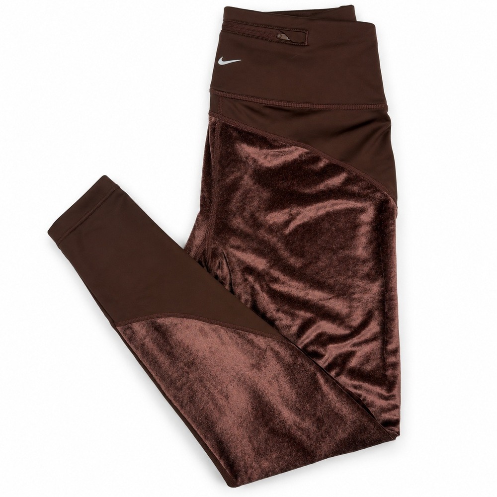 Nike Air Leggings Womens S Brown Velour Panel High Rise Zipper Pocket Athletic